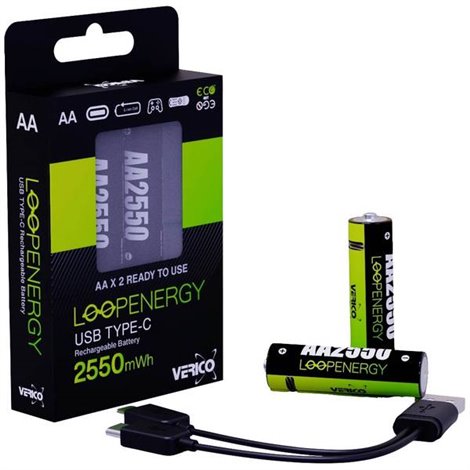 LoopEnergy AA USB-C® 2550mWh Batteria ricaricabile Stilo (AA) Li-Ion 1700 mAh 1.5 V 2 pz.