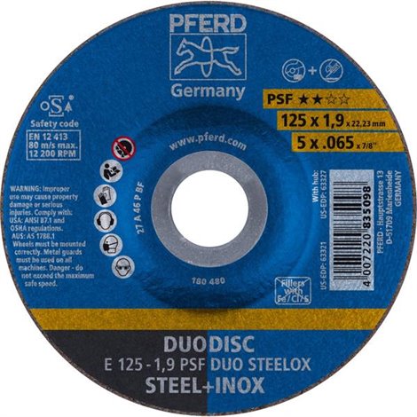 E 125-1,9 PSF DUO STEELOX Disco di sgrossatura con centro depresso Diametro 125 mm Ø foro 22.23 mm 10