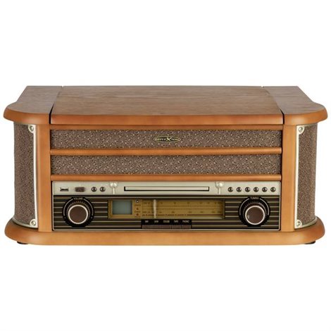 Sistema stereo retro FM, CD, Cassette, Giradischi, USB, Alloggiamento in vero legno, funzione di