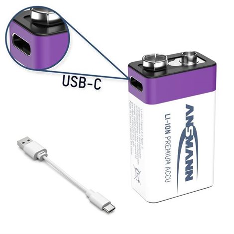 E-Block USB-C Batteria ricaricabile da 9 V Li-Ion 400 mAh 9 V 1 pz.