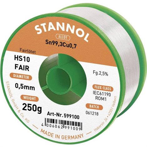 HS10-Fair Stagno per saldatura Bobina Sn99,3Cu0,7 ROM1 250 g 0.5 mm